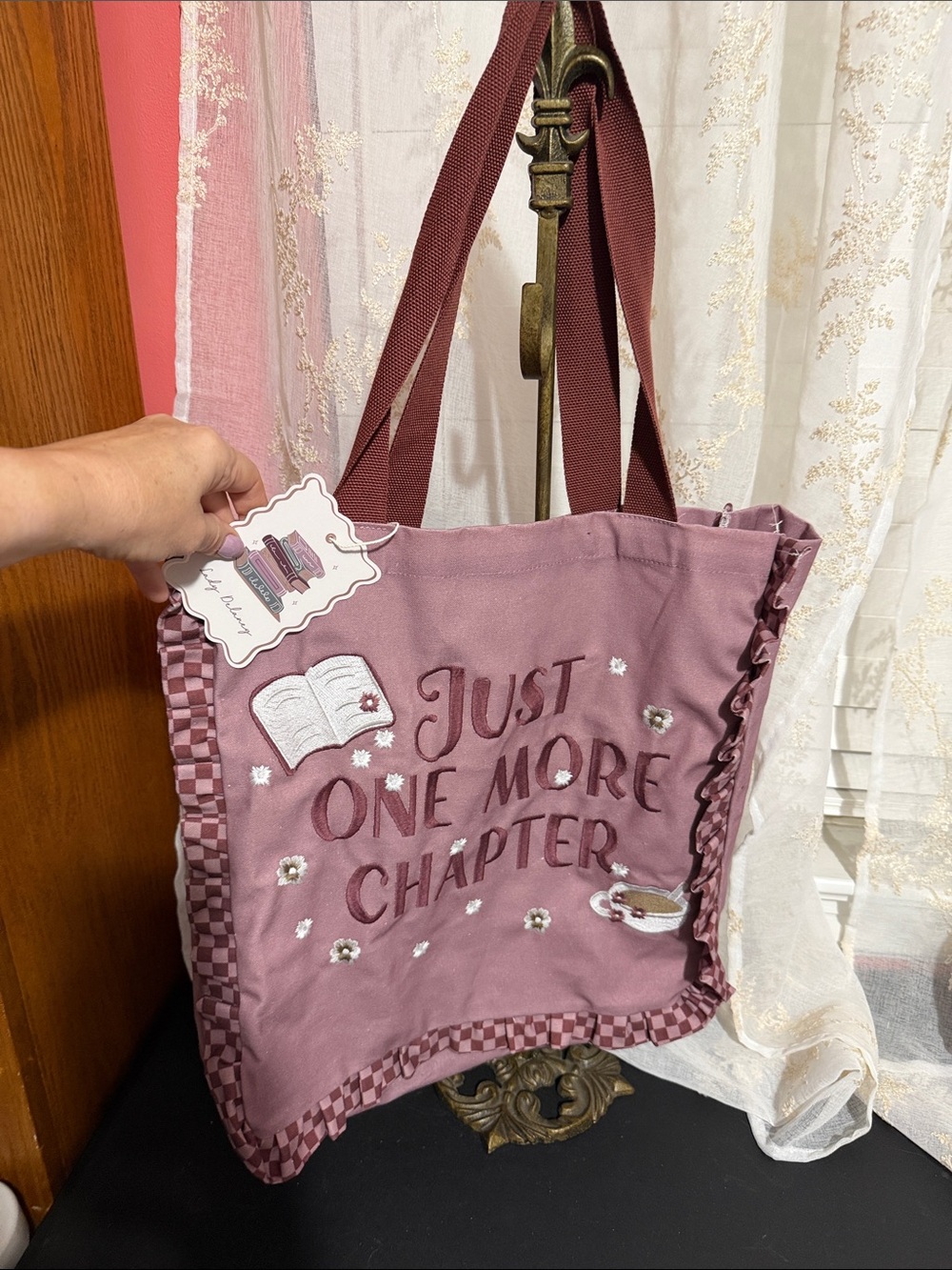 Lady Delaney embroidered just one more chapter canvas tote bag